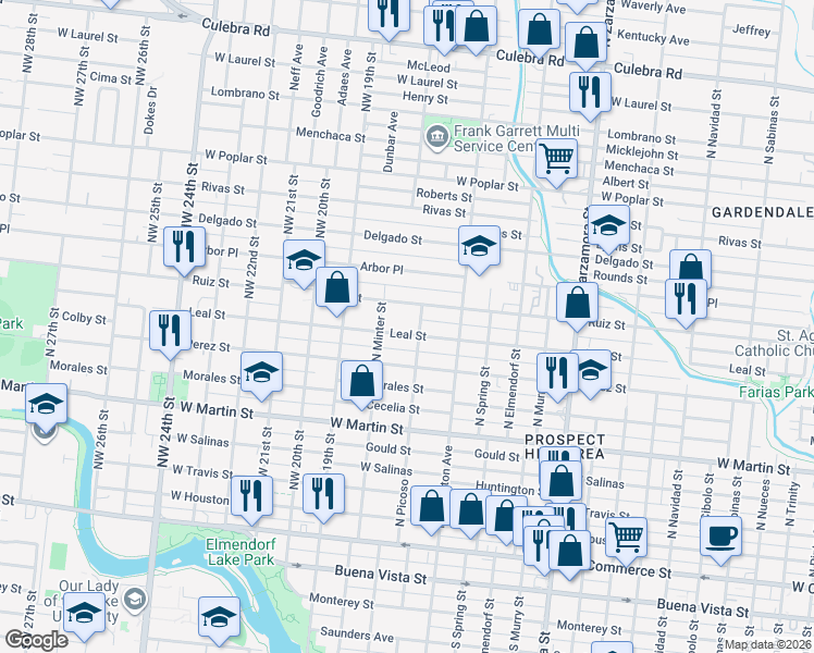 map of restaurants, bars, coffee shops, grocery stores, and more near 1835 Leal Street in San Antonio
