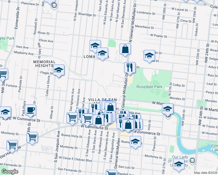 map of restaurants, bars, coffee shops, grocery stores, and more near 363 North General McMullen Drive in San Antonio