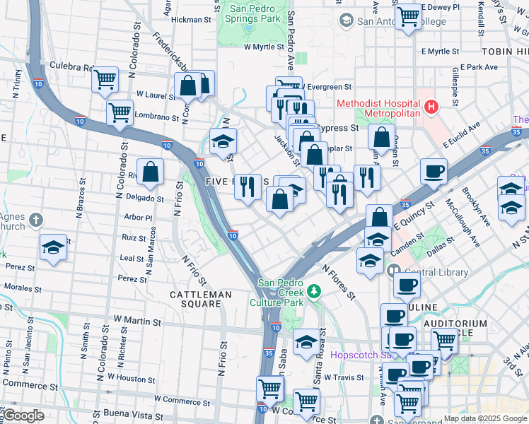 map of restaurants, bars, coffee shops, grocery stores, and more near 522 Marshall Street in San Antonio