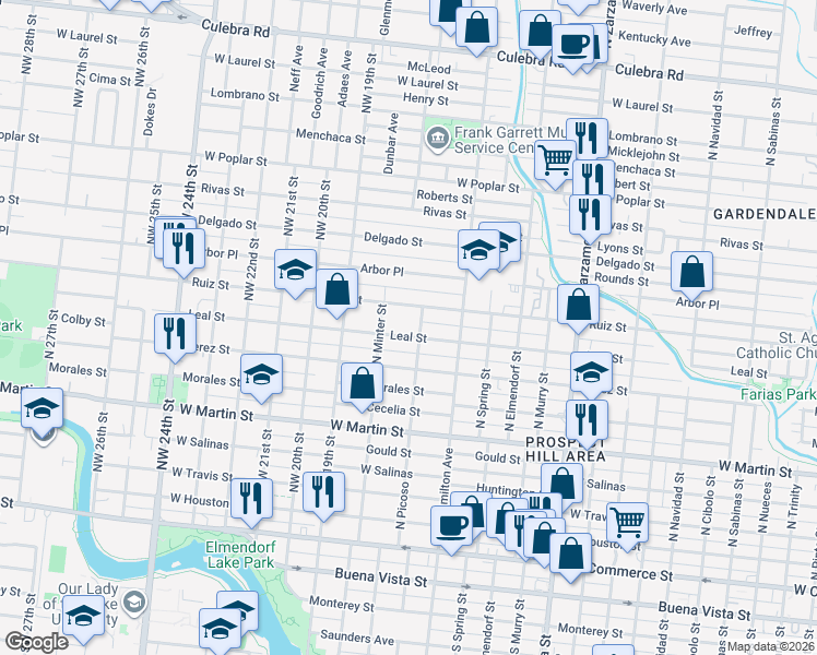 map of restaurants, bars, coffee shops, grocery stores, and more near 1835 Leal Street in San Antonio