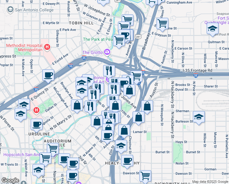 map of restaurants, bars, coffee shops, grocery stores, and more near 111 West Jones Avenue in San Antonio