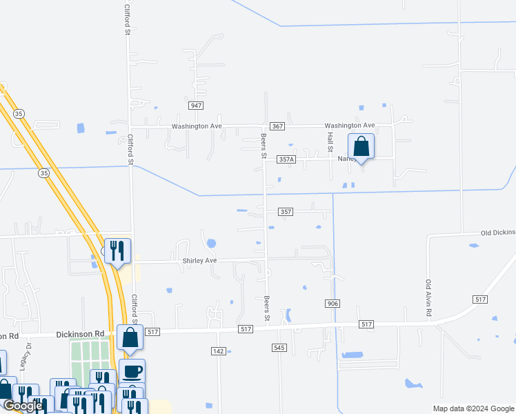 map of restaurants, bars, coffee shops, grocery stores, and more near 655 Beers Street in Alvin