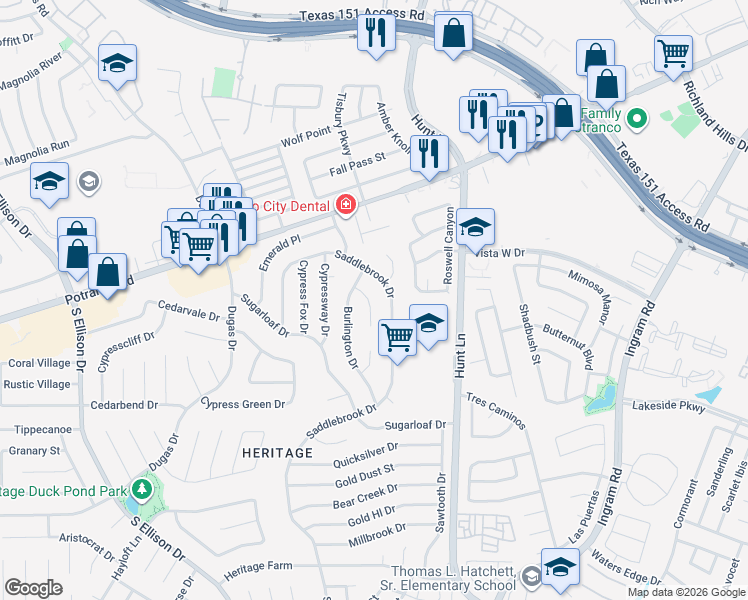 map of restaurants, bars, coffee shops, grocery stores, and more near 219 Dirschell Drive in San Antonio