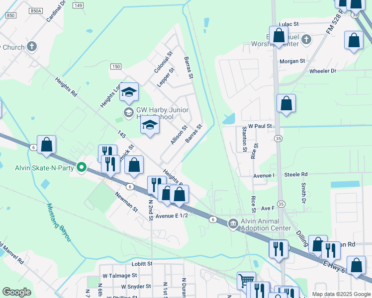 map of restaurants, bars, coffee shops, grocery stores, and more near 1418 Barras Street in Alvin