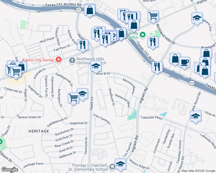 map of restaurants, bars, coffee shops, grocery stores, and more near 226 Spruce Breeze in San Antonio