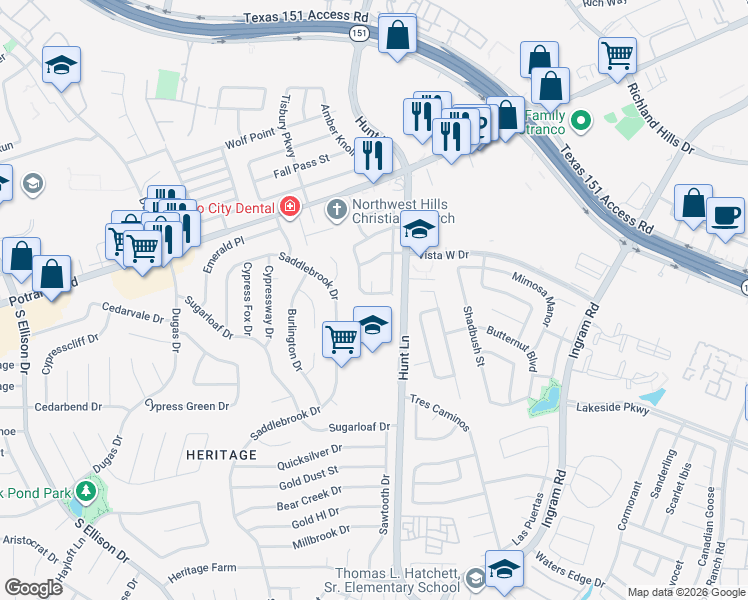 map of restaurants, bars, coffee shops, grocery stores, and more near 9422 San Fidel Rio in San Antonio