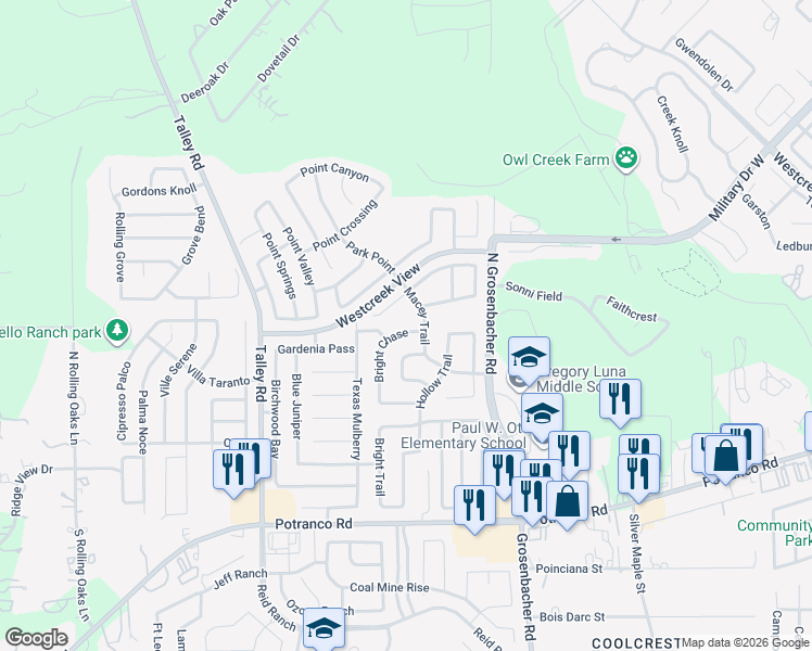 map of restaurants, bars, coffee shops, grocery stores, and more near 418 Bright Chase in San Antonio