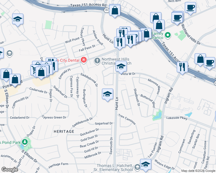 map of restaurants, bars, coffee shops, grocery stores, and more near 9422 San Fidel Rio in San Antonio