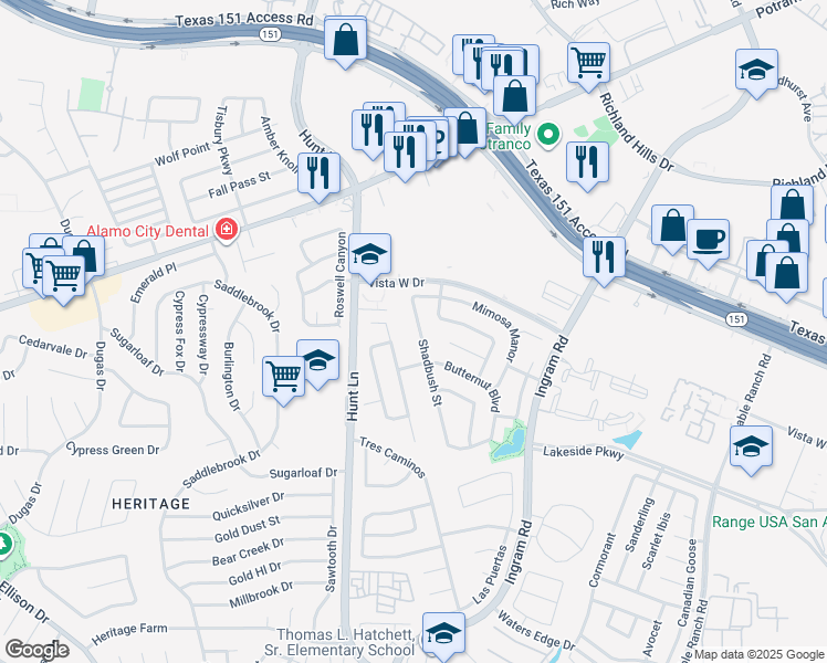 map of restaurants, bars, coffee shops, grocery stores, and more near 226 Spruce Breeze in San Antonio