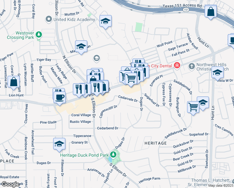 map of restaurants, bars, coffee shops, grocery stores, and more near 606 Heritage Way in San Antonio