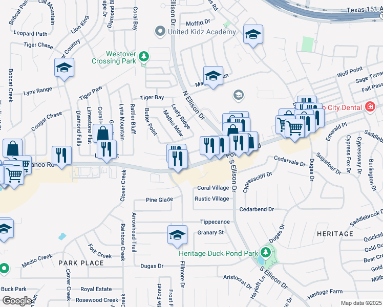 map of restaurants, bars, coffee shops, grocery stores, and more near 410 Carson Hill Drive in San Antonio