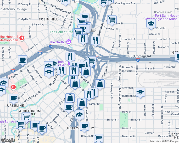 map of restaurants, bars, coffee shops, grocery stores, and more near 1303 North Alamo Street in San Antonio