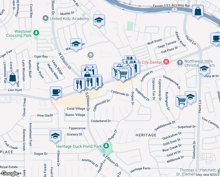 map of restaurants, bars, coffee shops, grocery stores, and more near 606 Heritage Way in San Antonio