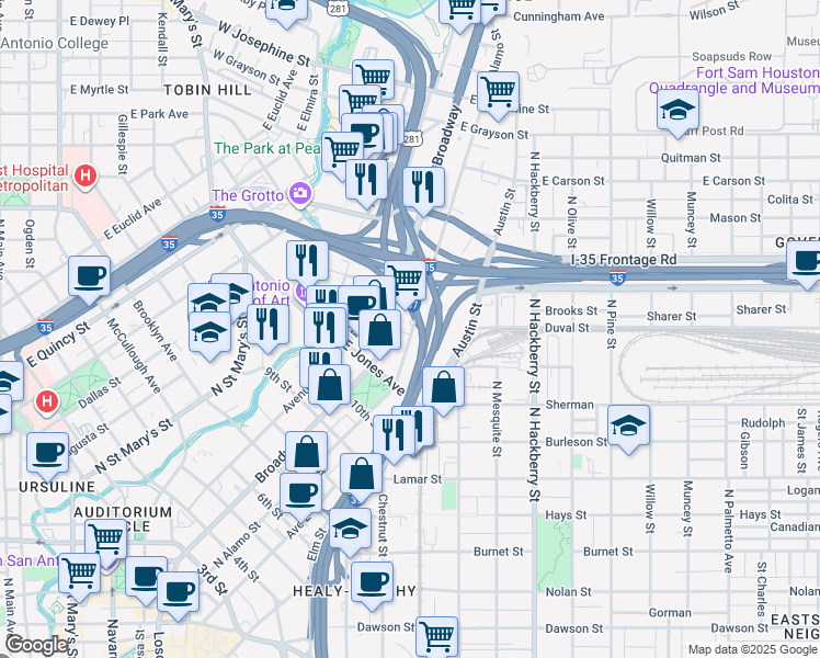 map of restaurants, bars, coffee shops, grocery stores, and more near 1303 North Alamo Street in San Antonio