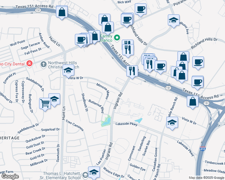 map of restaurants, bars, coffee shops, grocery stores, and more near 8919 Catkin Mdw in San Antonio