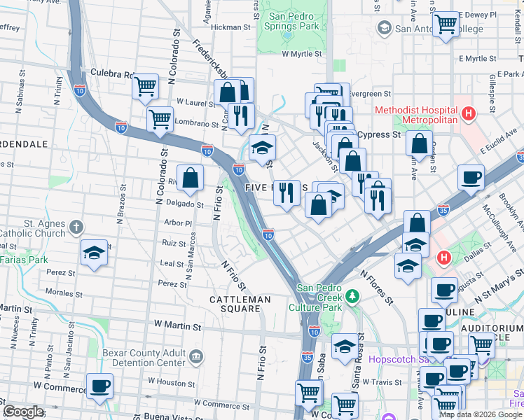 map of restaurants, bars, coffee shops, grocery stores, and more near 214 Hill Street in San Antonio