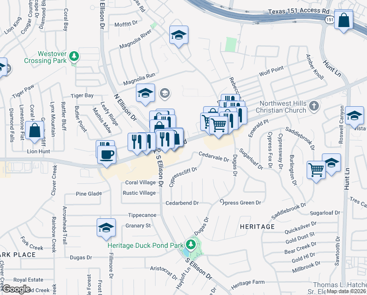 map of restaurants, bars, coffee shops, grocery stores, and more near 9822 Potranco Road in San Antonio