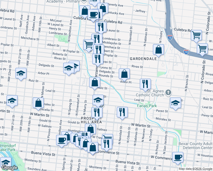 map of restaurants, bars, coffee shops, grocery stores, and more near 1218 Ruiz Street in San Antonio