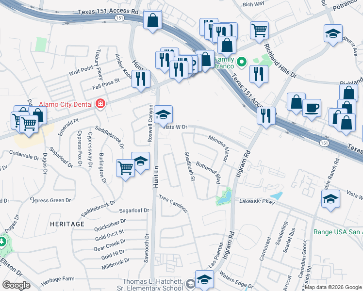 map of restaurants, bars, coffee shops, grocery stores, and more near 131 Shadbush Street in San Antonio