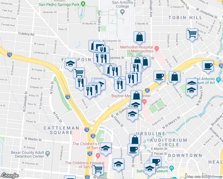 map of restaurants, bars, coffee shops, grocery stores, and more near 512 West Euclid Avenue in San Antonio