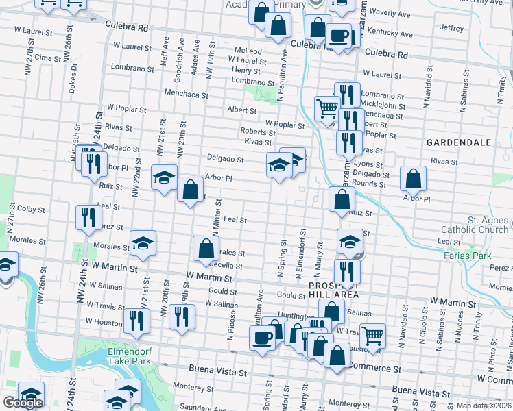 map of restaurants, bars, coffee shops, grocery stores, and more near 1835 Leal Street in San Antonio
