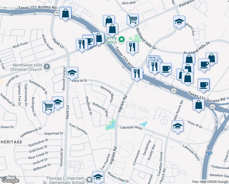 map of restaurants, bars, coffee shops, grocery stores, and more near 9114 Mimosa Manor in San Antonio