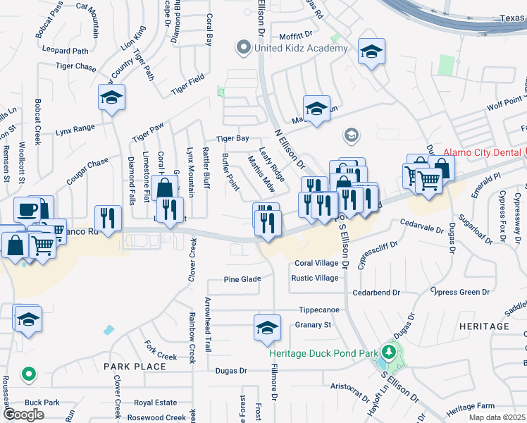 map of restaurants, bars, coffee shops, grocery stores, and more near 10015 Potranco Road in San Antonio