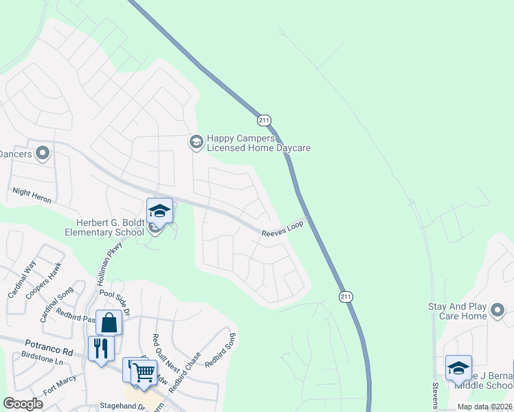 map of restaurants, bars, coffee shops, grocery stores, and more near Reeves Loop in San Antonio