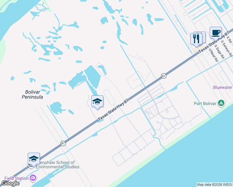 map of restaurants, bars, coffee shops, grocery stores, and more near 667 State Highway 87 in Bolivar Peninsula