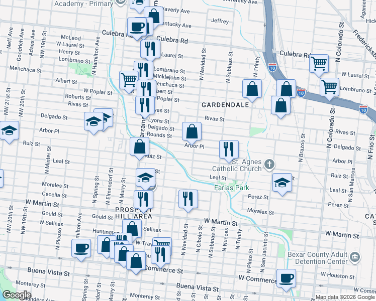 map of restaurants, bars, coffee shops, grocery stores, and more near in San Antonio