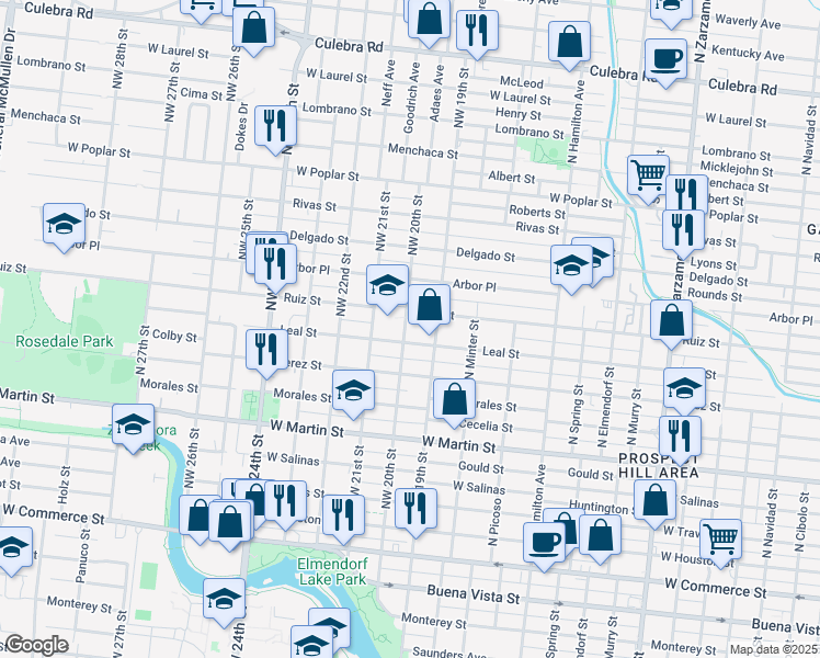 map of restaurants, bars, coffee shops, grocery stores, and more near 2122 Leal Street in San Antonio