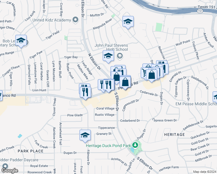 map of restaurants, bars, coffee shops, grocery stores, and more near 9903 Potranco Road in San Antonio