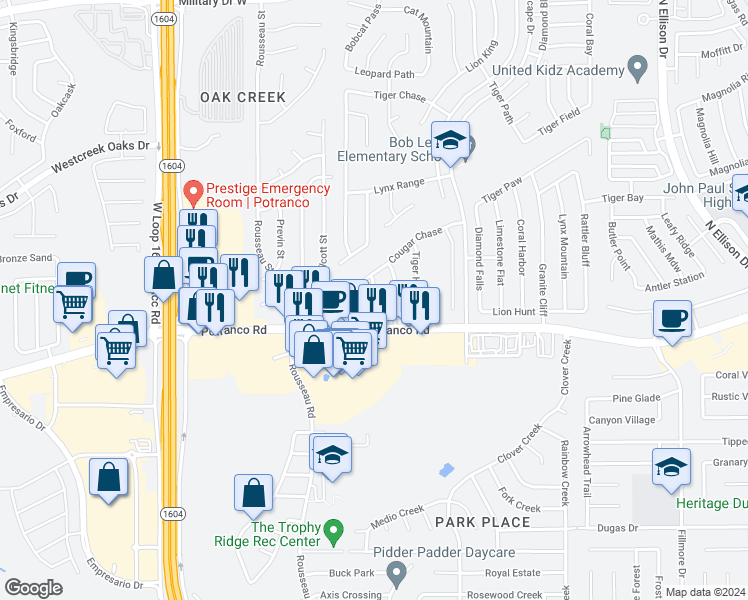 map of restaurants, bars, coffee shops, grocery stores, and more near 10811 Cougar Chase in San Antonio