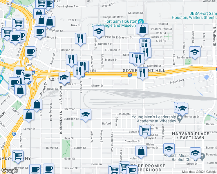 map of restaurants, bars, coffee shops, grocery stores, and more near 1922 Interstate 35 in San Antonio