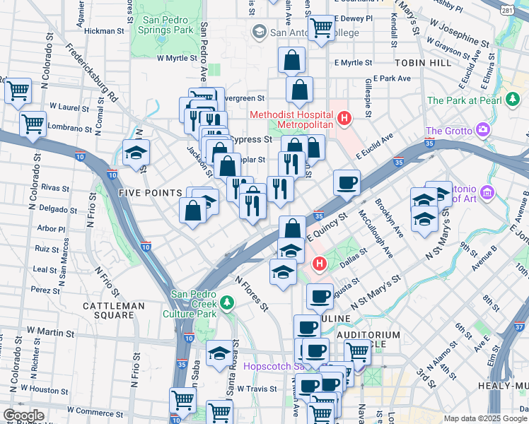 map of restaurants, bars, coffee shops, grocery stores, and more near 217 Howard Street in San Antonio