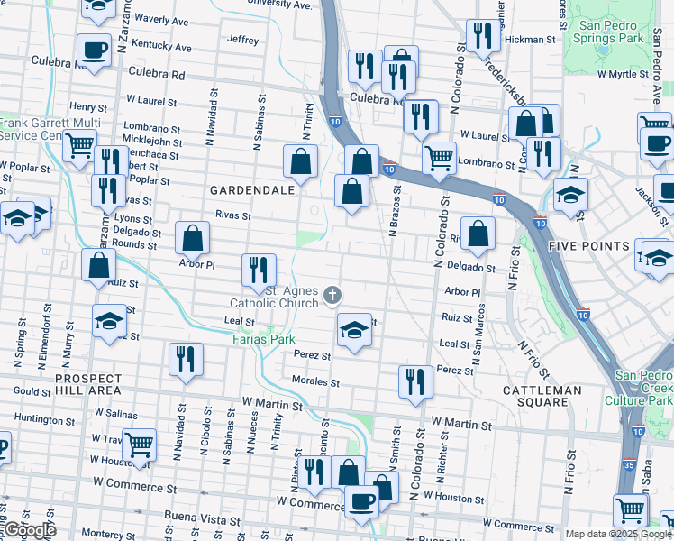 map of restaurants, bars, coffee shops, grocery stores, and more near 647 Delgado Street in San Antonio