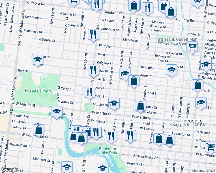 map of restaurants, bars, coffee shops, grocery stores, and more near 2414 Ruiz Street in San Antonio
