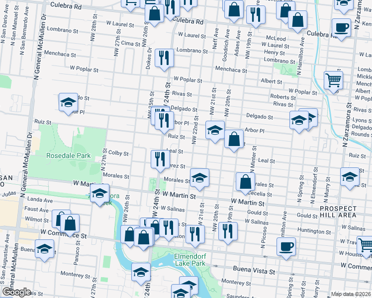map of restaurants, bars, coffee shops, grocery stores, and more near 2414 Ruiz Street in San Antonio