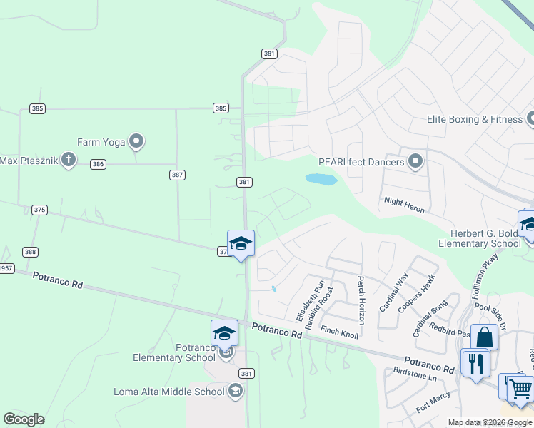map of restaurants, bars, coffee shops, grocery stores, and more near 430 County Road 381 in San Antonio
