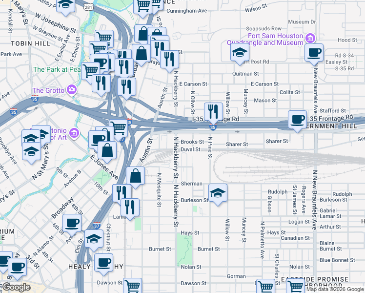 map of restaurants, bars, coffee shops, grocery stores, and more near 1402 North Hackberry in San Antonio