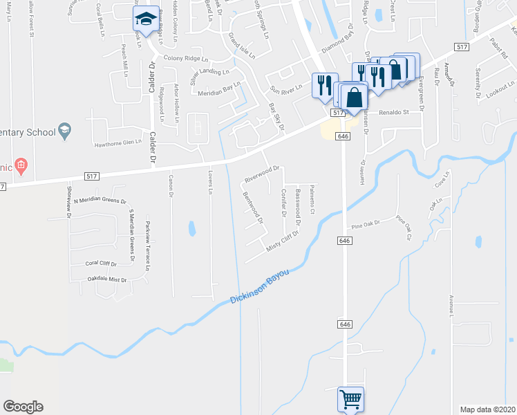 map of restaurants, bars, coffee shops, grocery stores, and more near 4037 Bentwood Drive in Dickinson