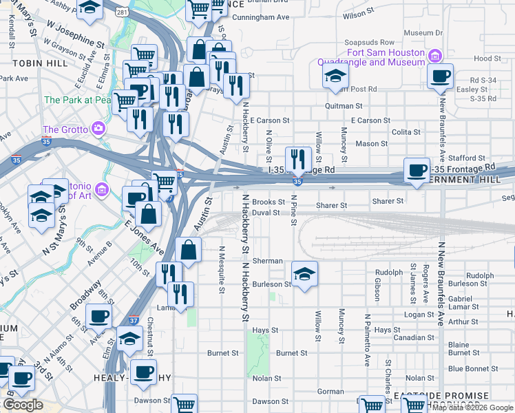 map of restaurants, bars, coffee shops, grocery stores, and more near 1421 North Olive Street in San Antonio
