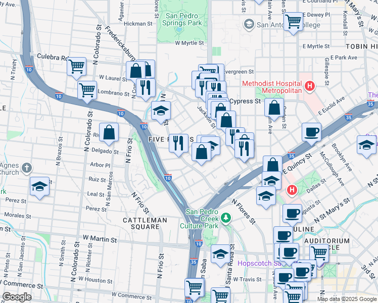 map of restaurants, bars, coffee shops, grocery stores, and more near 404 Warren Street in San Antonio
