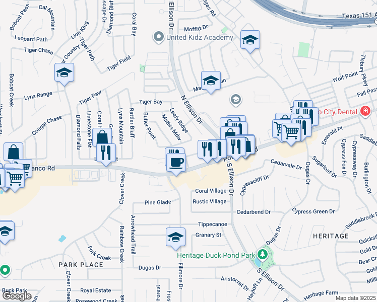 map of restaurants, bars, coffee shops, grocery stores, and more near 10002 Antler Station in San Antonio