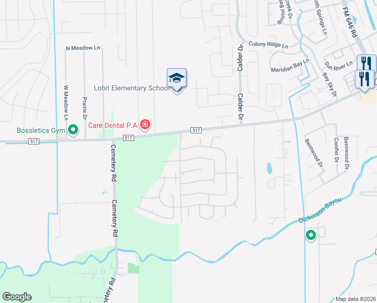 map of restaurants, bars, coffee shops, grocery stores, and more near 1761 North Meridian Greens Drive in Dickinson