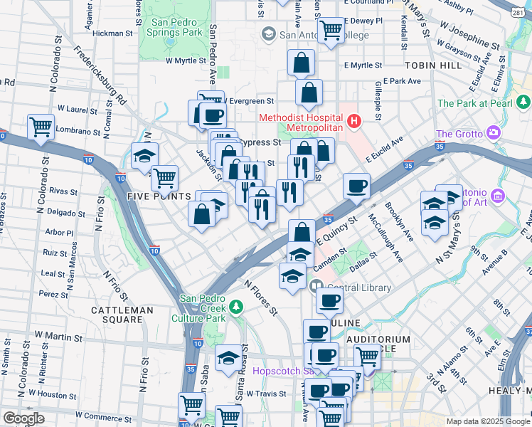 map of restaurants, bars, coffee shops, grocery stores, and more near 217 Howard Street in San Antonio