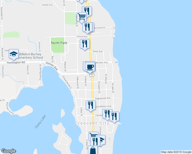 map of restaurants, bars, coffee shops, grocery stores, and more near 500 Summit Street in Crescent City
