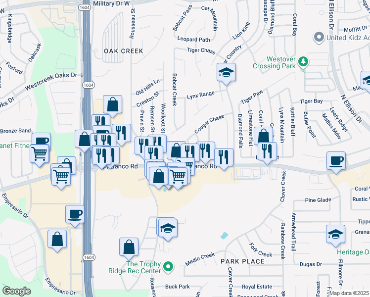 map of restaurants, bars, coffee shops, grocery stores, and more near 10811 Cougar Chase in San Antonio