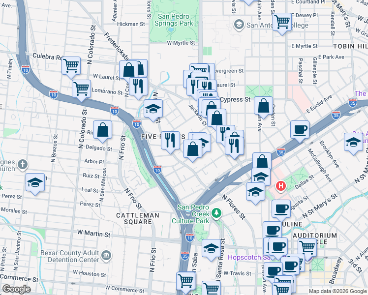 map of restaurants, bars, coffee shops, grocery stores, and more near 404 Warren Street in San Antonio