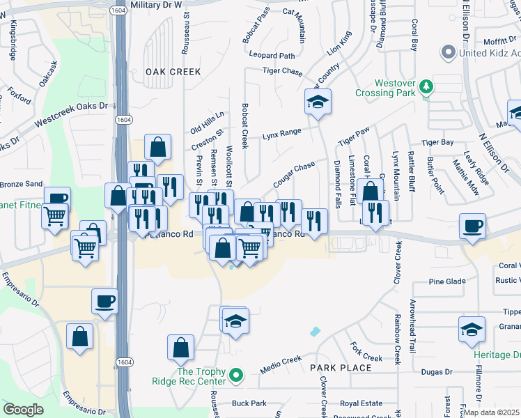map of restaurants, bars, coffee shops, grocery stores, and more near 10811 Cougar Chase in San Antonio